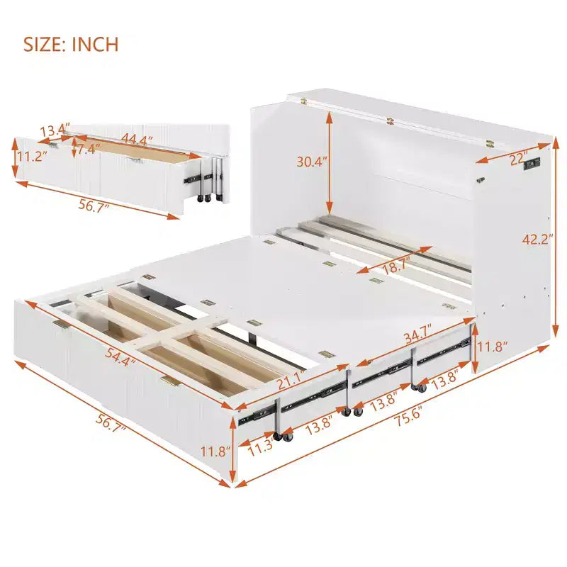 Lit escamotable grand format avec tiroir, prises et ports USB, conception à structure de poulie