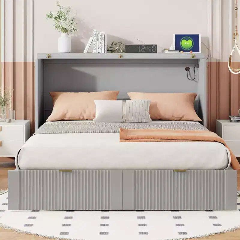Lit escamotable grand format avec tiroir, prises et ports USB, conception à structure de poulie