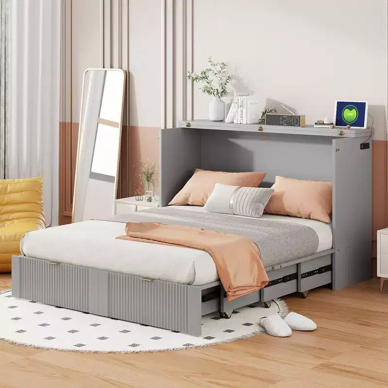 Lit escamotable grand format avec tiroir, prises et ports USB, conception à structure de poulie