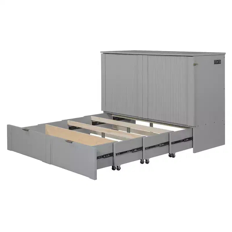 Lit escamotable grand format avec tiroir, prises et ports USB, conception à structure de poulie