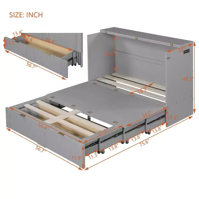 Lit escamotable grand format avec tiroir, prises et ports USB, conception à structure de poulie