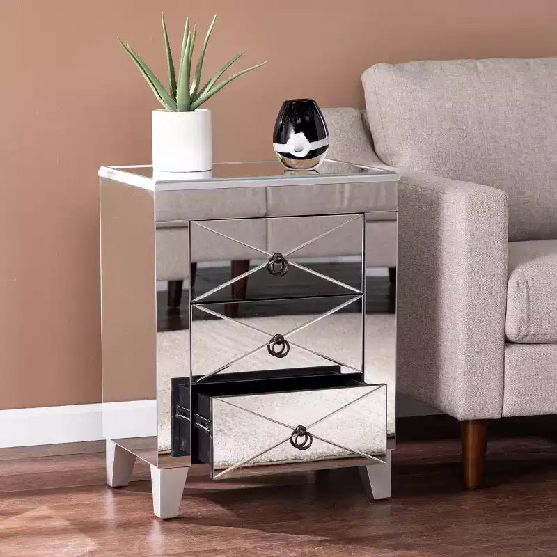 Table de chevet avec tiroirs en miroir - Argent