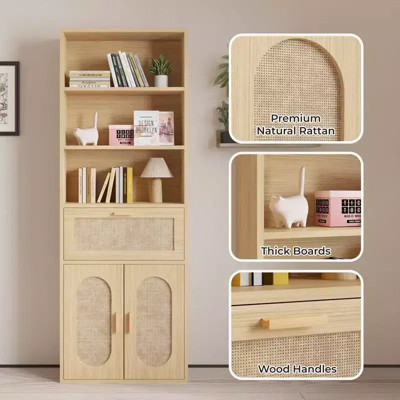 Vitrine en rotin clair avec 3 étagères, 1 tiroir, 2 portes, H 180 cm