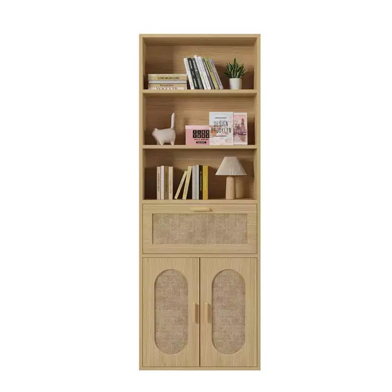 Vitrine en rotin clair avec 3 étagères, 1 tiroir, 2 portes, H 180 cm