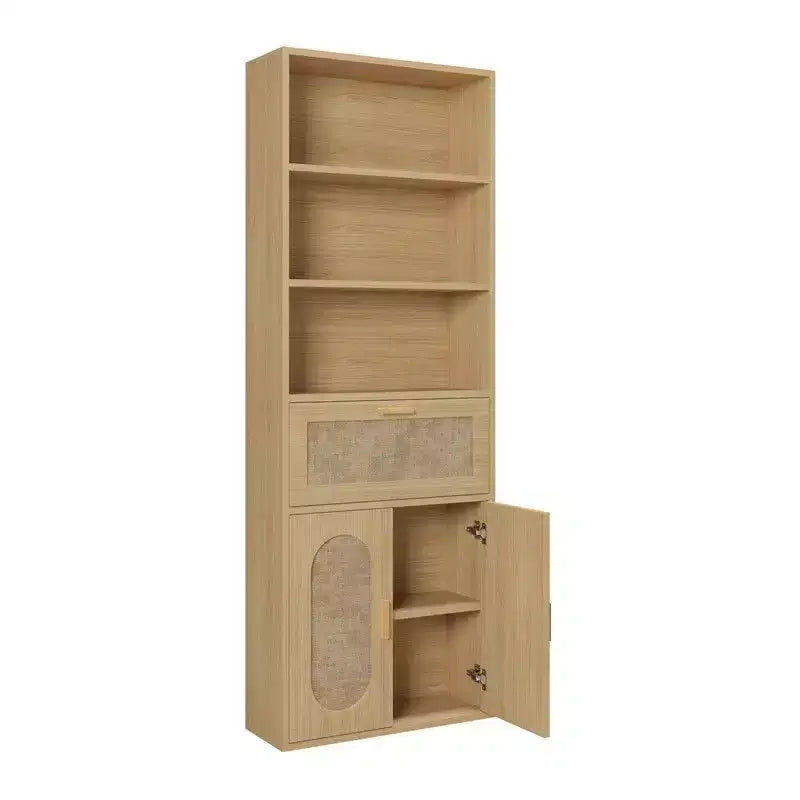 Vitrine en rotin clair avec 3 étagères, 1 tiroir, 2 portes, H 180 cm