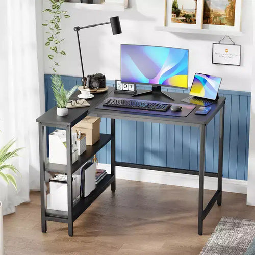Bureau en L de 99/109 cm pour le jeu et l'étude avec cadre métallique et étagères de rangement