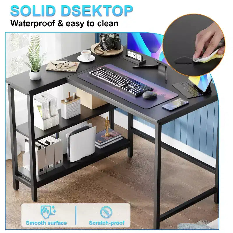 Bureau en L de 99/109 cm pour le jeu et l'étude avec cadre métallique et étagères de rangement