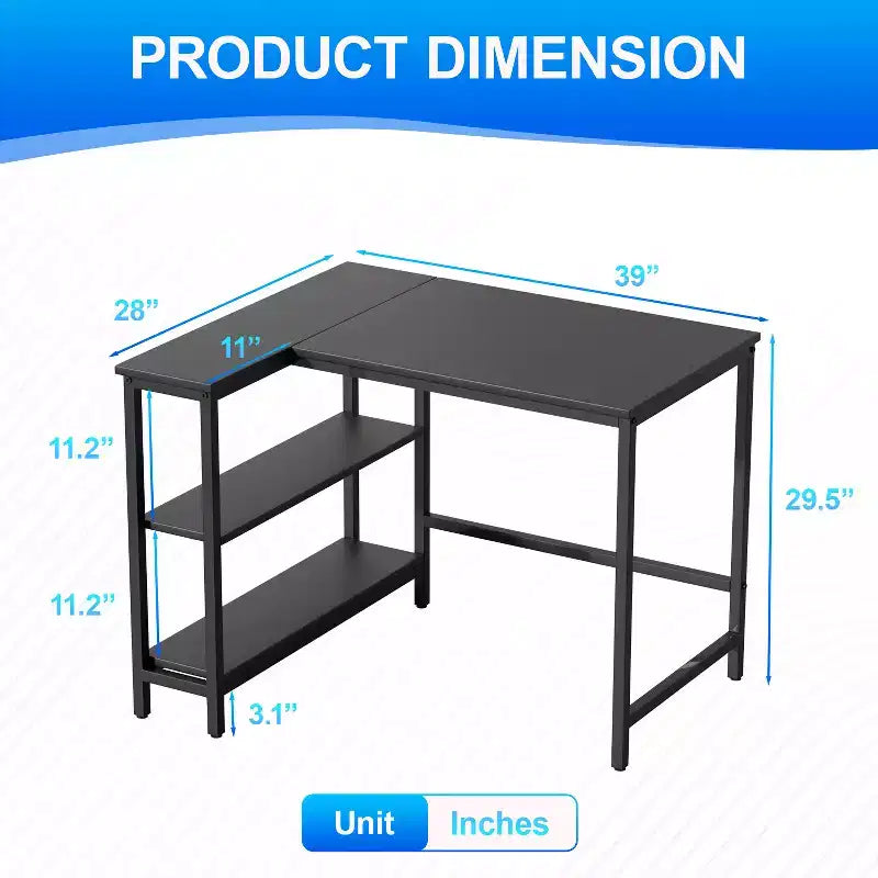 Bureau en L de 99/109 cm pour le jeu et l'étude avec cadre métallique et étagères de rangement