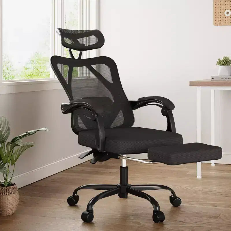 Chaise de Bureau Ergonomique en Maille - Avec Appui-tête, Soutien Lombaire et Repose-pieds pour Bureau à Domicile et Étude (Noir)