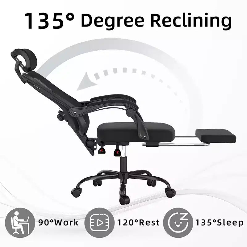 Chaise de Bureau Ergonomique en Maille - Avec Appui-tête, Soutien Lombaire et Repose-pieds pour Bureau à Domicile et Étude (Noir)
