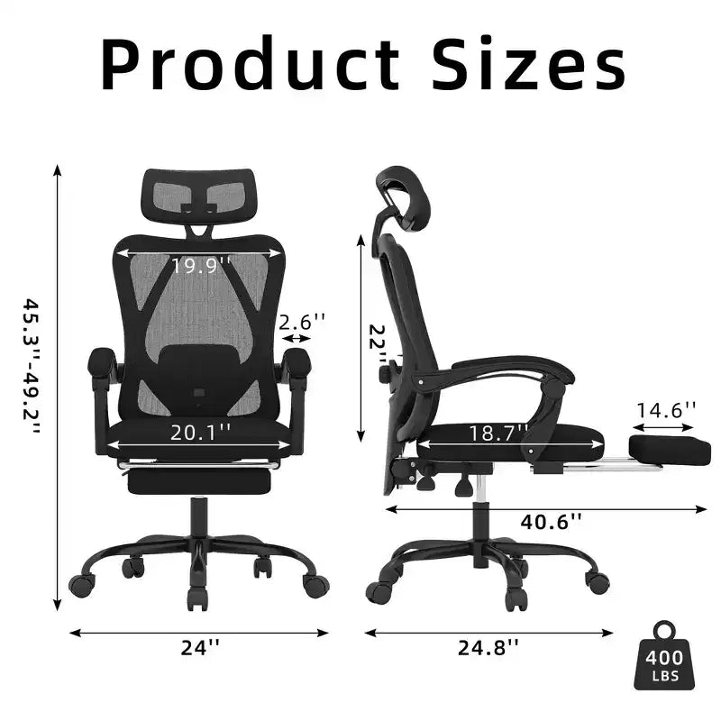 Chaise de Bureau Ergonomique en Maille - Avec Appui-tête, Soutien Lombaire et Repose-pieds pour Bureau à Domicile et Étude (Noir)
