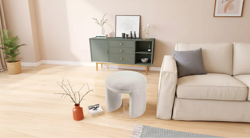 Pouffe/tabouret en tissu imitation peau de mouton