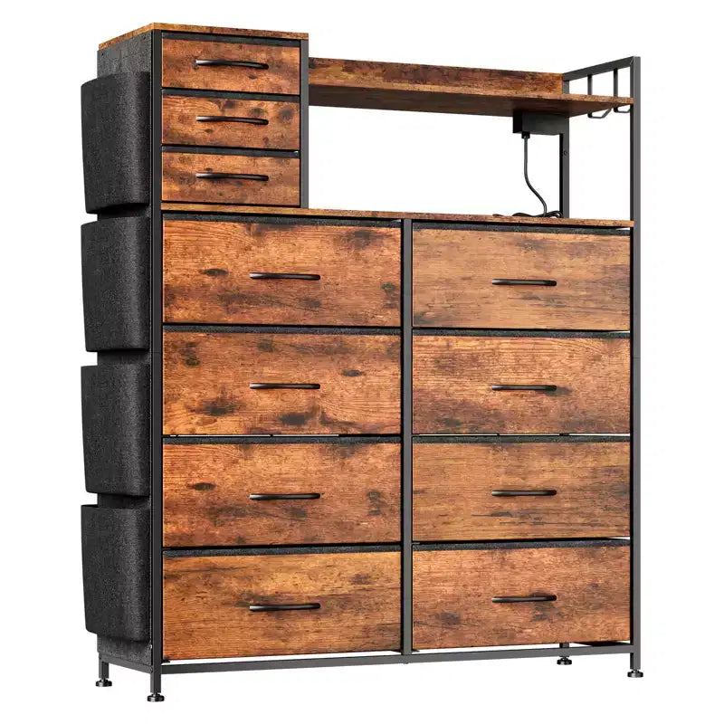 Commode de Rangement 55 avec 8+3 Tiroirs en Tissu, 4 Poches Latérales, Lumières LED et Station de Charge pour Chambre à Coucher