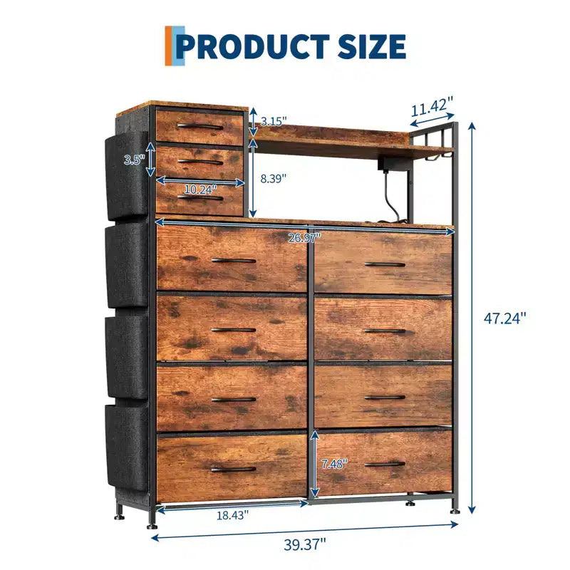 Commode de Rangement 55 avec 8+3 Tiroirs en Tissu, 4 Poches Latérales, Lumières LED et Station de Charge pour Chambre à Coucher