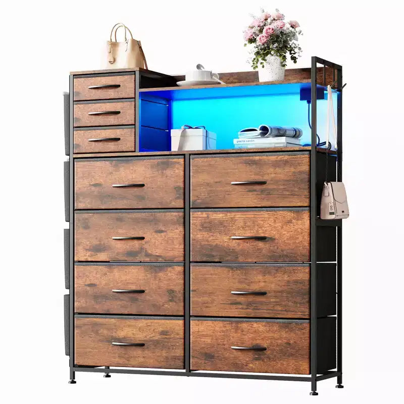 Commode de Rangement 55 avec 8+3 Tiroirs en Tissu, 4 Poches Latérales, Lumières LED et Station de Charge pour Chambre à Coucher