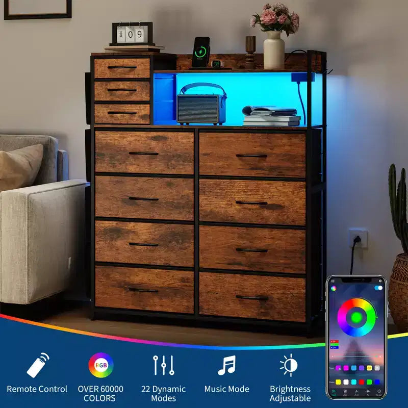 Commode de Rangement 55 avec 8+3 Tiroirs en Tissu, 4 Poches Latérales, Lumières LED et Station de Charge pour Chambre à Coucher