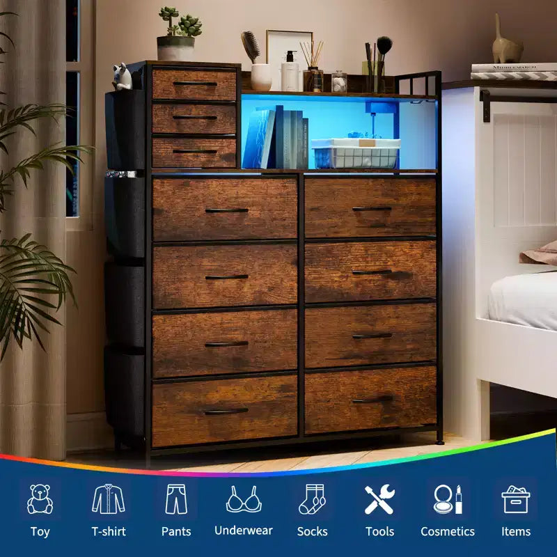 Commode de Rangement 55 avec 8+3 Tiroirs en Tissu, 4 Poches Latérales, Lumières LED et Station de Charge pour Chambre à Coucher