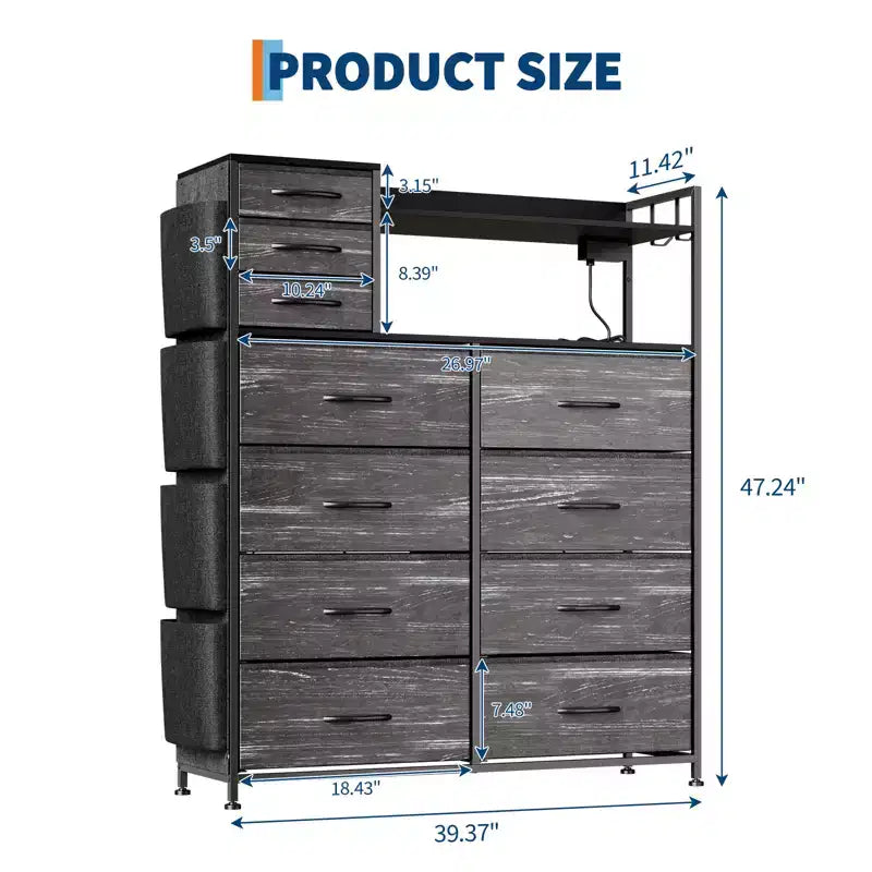 Commode de Rangement 55 avec 8+3 Tiroirs en Tissu, 4 Poches Latérales, Lumières LED et Station de Charge pour Chambre à Coucher