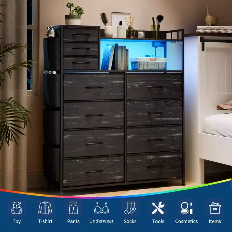 Commode de Rangement 55 avec 8+3 Tiroirs en Tissu, 4 Poches Latérales, Lumières LED et Station de Charge pour Chambre à Coucher