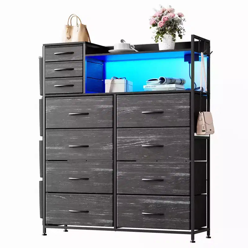 Commode de Rangement 55 avec 8+3 Tiroirs en Tissu, 4 Poches Latérales, Lumières LED et Station de Charge pour Chambre à Coucher