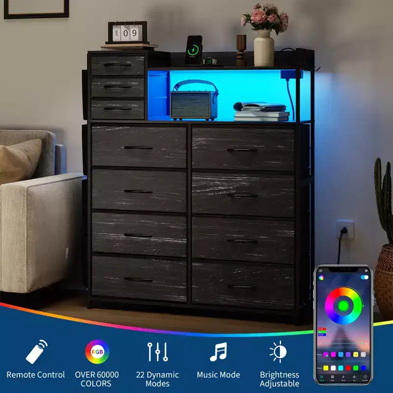 Commode de Rangement 55 avec 8+3 Tiroirs en Tissu, 4 Poches Latérales, Lumières LED et Station de Charge pour Chambre à Coucher