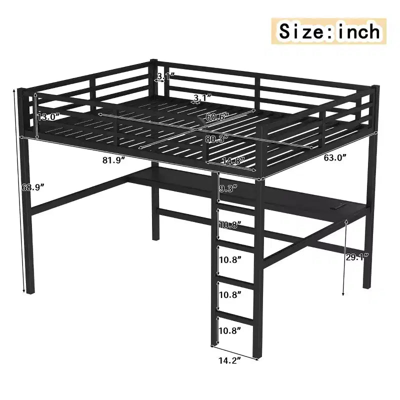 Lit mezzanine queen size en métal noir avec prise électrique et lumières LED, gain de place et réduction du bruit