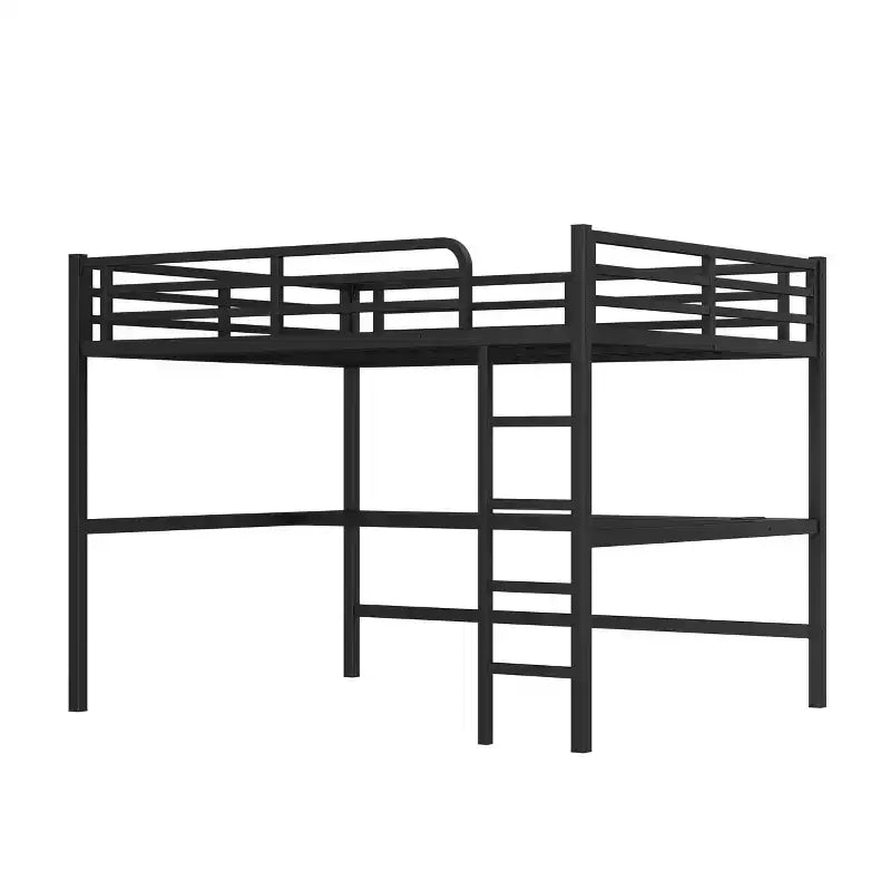 Lit mezzanine queen size en métal noir avec prise électrique et lumières LED, gain de place et réduction du bruit