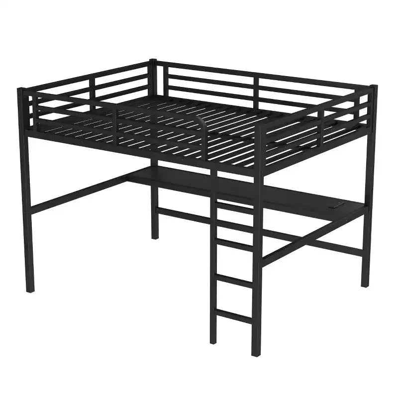 Lit mezzanine queen size en métal noir avec prise électrique et lumières LED, gain de place et réduction du bruit