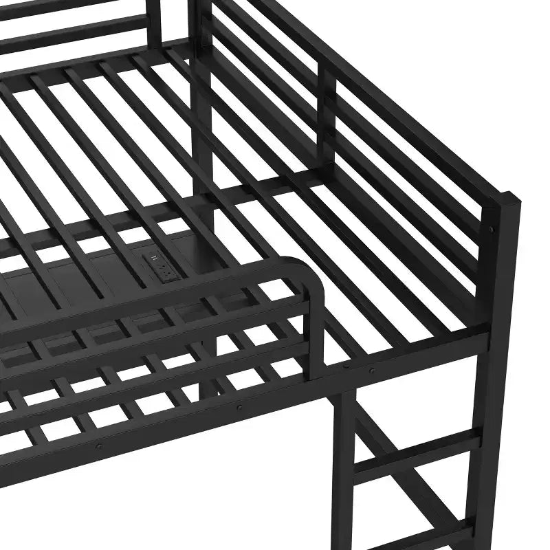 Lit mezzanine queen size en métal noir avec prise électrique et lumières LED, gain de place et réduction du bruit