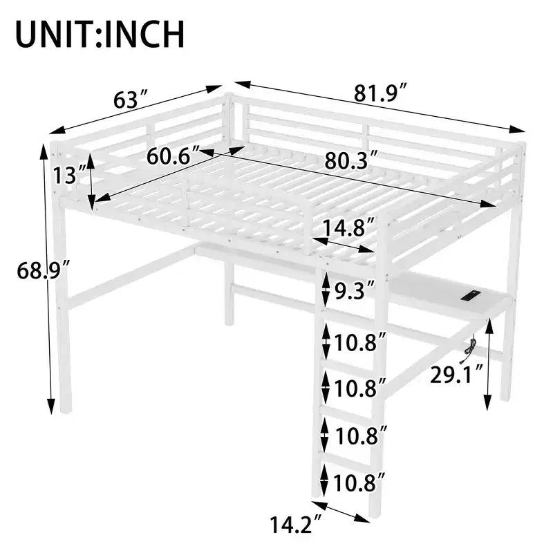 Lit mezzanine queen size en métal noir avec prise électrique et lumières LED, gain de place et réduction du bruit