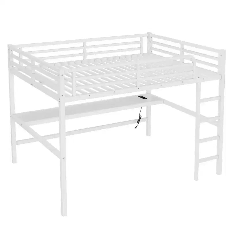 Lit mezzanine queen size en métal noir avec prise électrique et lumières LED, gain de place et réduction du bruit