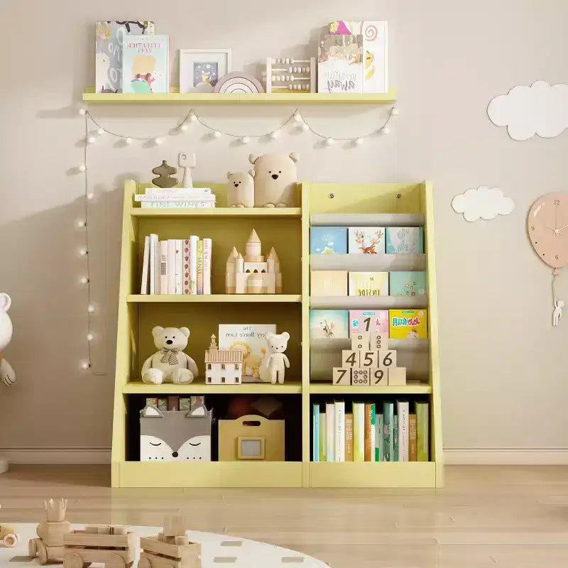 Armoire de rangement en bois jaune pour jouets, étagère à livres pour enfants, bibliothèque pour tout-petits, support à livres en toile pour bébé