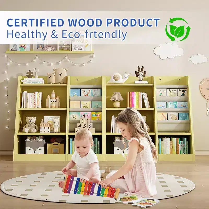 Armoire de rangement en bois jaune pour jouets, étagère à livres pour enfants, bibliothèque pour tout-petits, support à livres en toile pour bébé