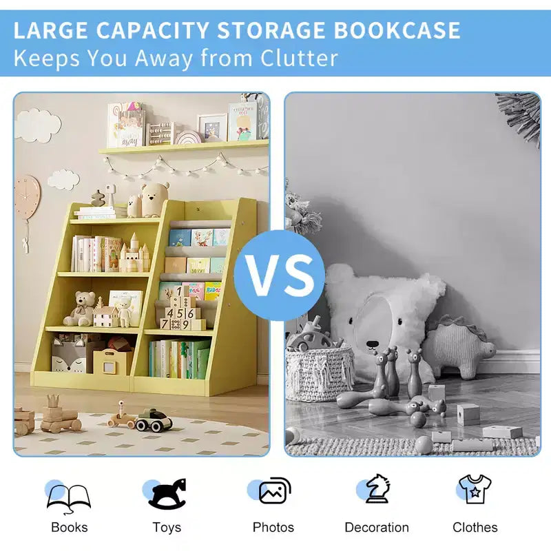 Armoire de rangement en bois jaune pour jouets, étagère à livres pour enfants, bibliothèque pour tout-petits, support à livres en toile pour bébé