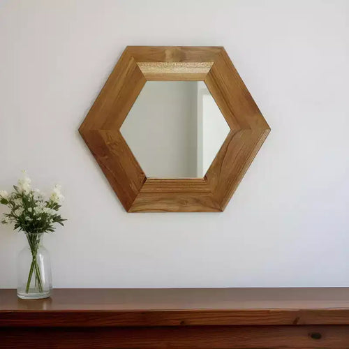 Miroir décoratif encadré en bois massif, forme hexagonale, 19 po, naturel