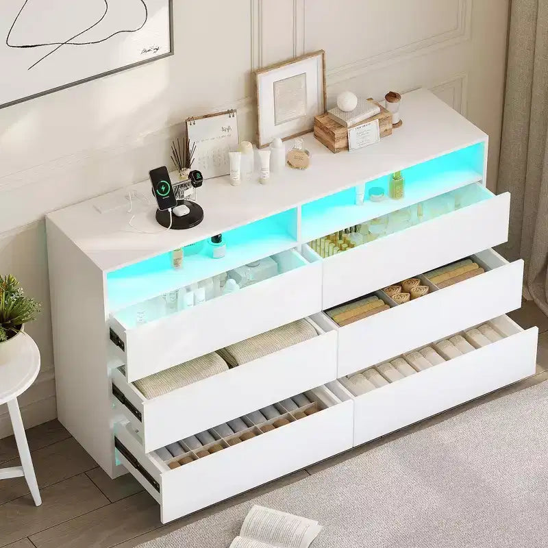 Coiffeuse moderne à 6 tiroirs avec plateau coulissant, comprenant des tiroirs, un organiseur pour chambre, dressing et salon