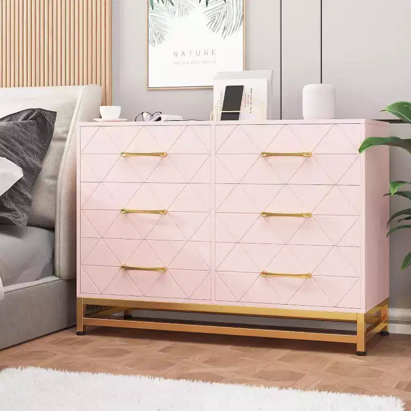 Commode 6 tiroirs pour chambre à coucher, commode double en bois avec poignées dorées, commode moderne avec tiroirs profonds pour salon, couloir