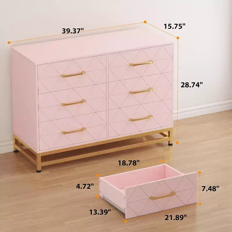 Commode 6 tiroirs pour chambre à coucher, commode double en bois avec poignées dorées, commode moderne avec tiroirs profonds pour salon, couloir