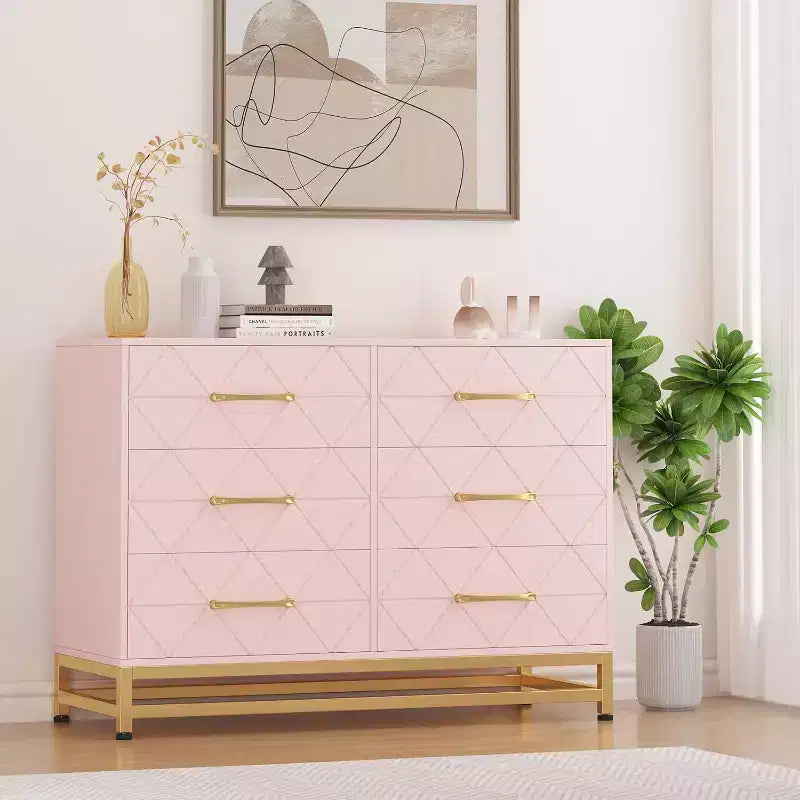 Commode 6 tiroirs pour chambre à coucher, commode double en bois avec poignées dorées, commode moderne avec tiroirs profonds pour salon, couloir