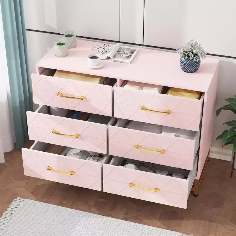 Commode 6 tiroirs pour chambre à coucher, commode double en bois avec poignées dorées, commode moderne avec tiroirs profonds pour salon, couloir