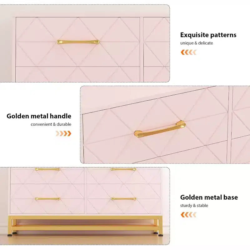 Commode 6 tiroirs pour chambre à coucher, commode double en bois avec poignées dorées, commode moderne avec tiroirs profonds pour salon, couloir