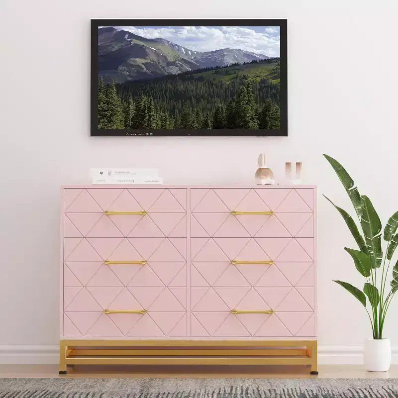 Commode 6 tiroirs pour chambre à coucher, commode double en bois avec poignées dorées, commode moderne avec tiroirs profonds pour salon, couloir