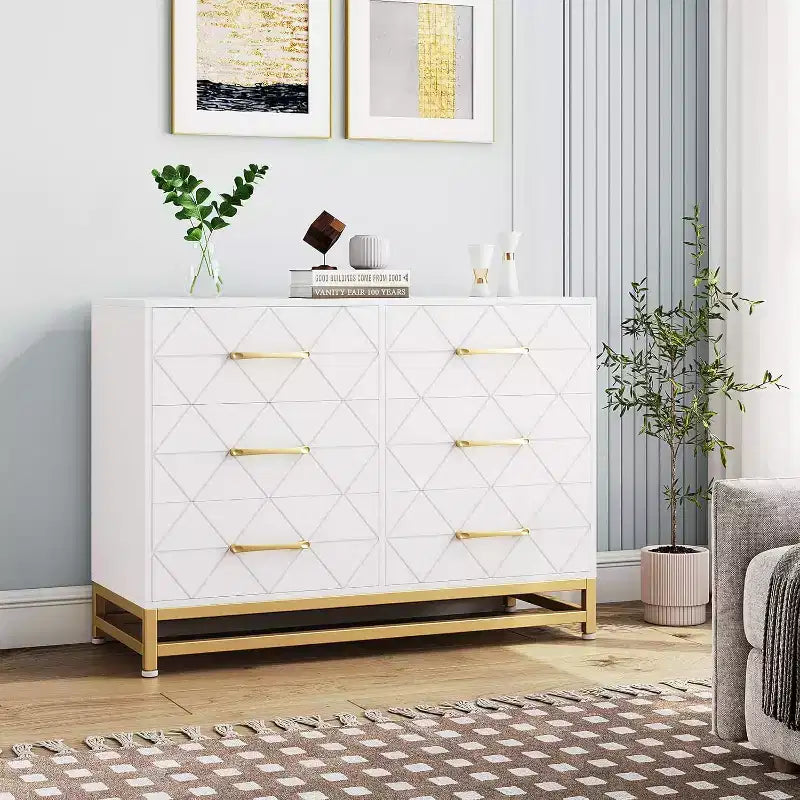 Commode 6 tiroirs pour chambre à coucher, commode double en bois avec poignées dorées, commode moderne avec tiroirs profonds pour salon, couloir