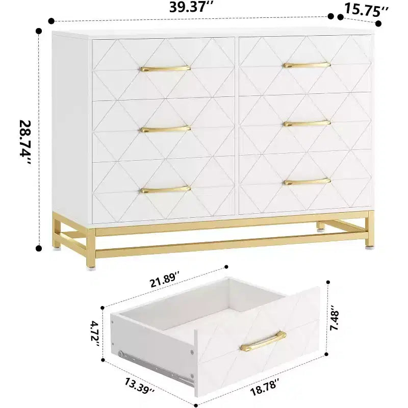 Commode 6 tiroirs pour chambre à coucher, commode double en bois avec poignées dorées, commode moderne avec tiroirs profonds pour salon, couloir