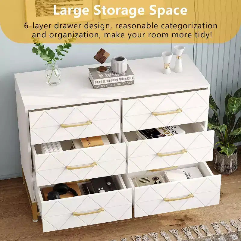 Commode 6 tiroirs pour chambre à coucher, commode double en bois avec poignées dorées, commode moderne avec tiroirs profonds pour salon, couloir