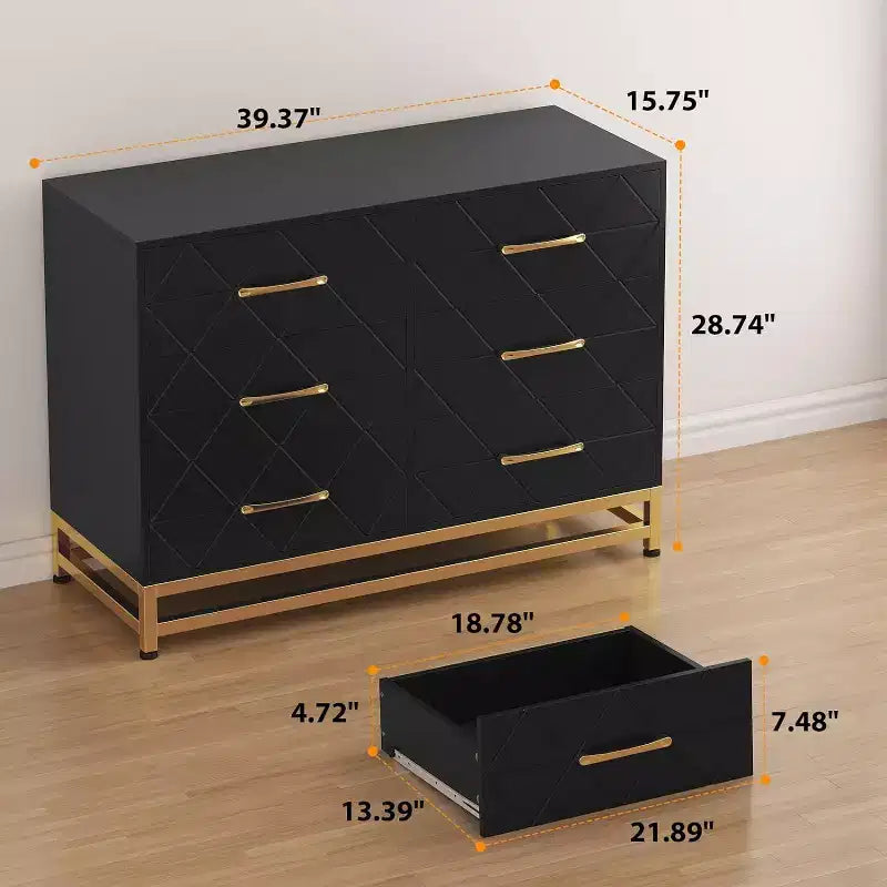 Commode 6 tiroirs pour chambre à coucher, commode double en bois avec poignées dorées, commode moderne avec tiroirs profonds pour salon, couloir