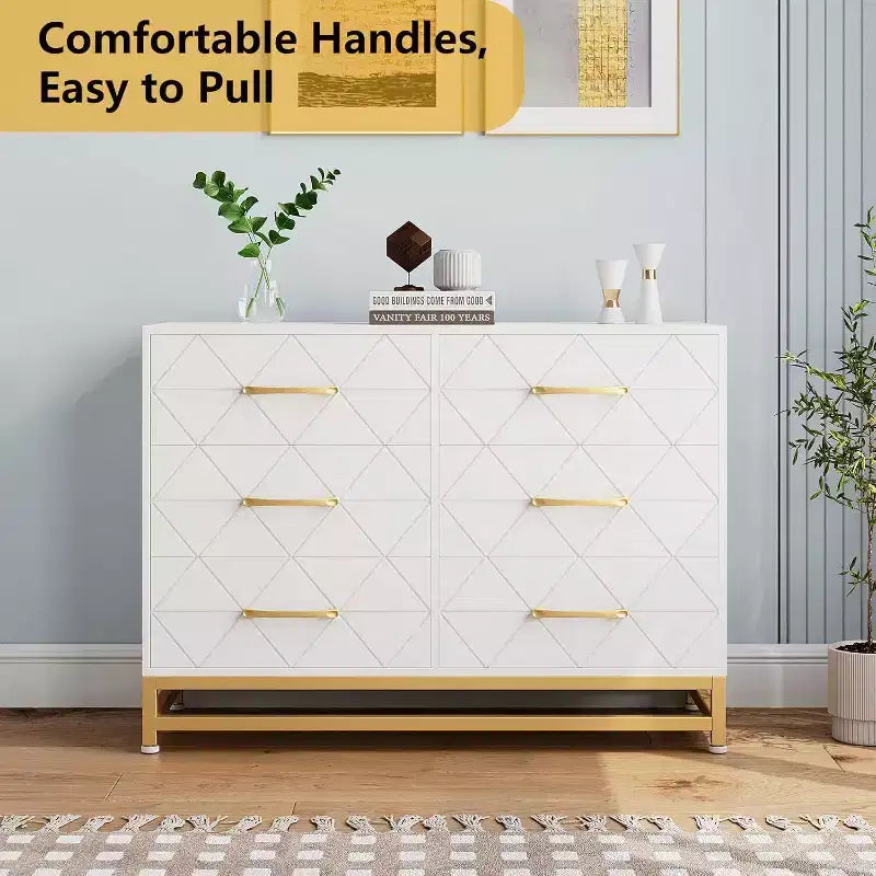 Commode 6 tiroirs pour chambre à coucher, commode double en bois avec poignées dorées, commode moderne avec tiroirs profonds pour salon, couloir