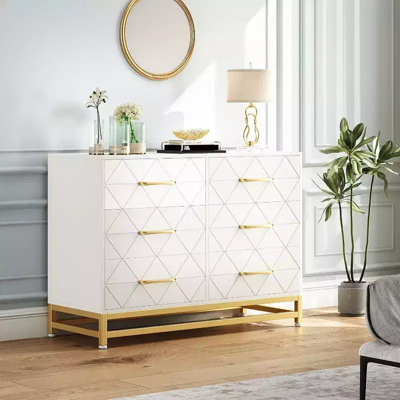 Commode 6 tiroirs pour chambre à coucher, commode double en bois avec poignées dorées, commode moderne avec tiroirs profonds pour salon, couloir
