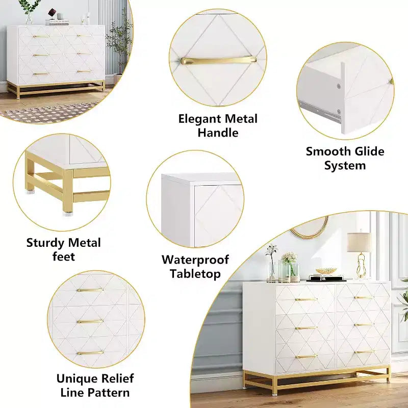Commode 6 tiroirs pour chambre à coucher, commode double en bois avec poignées dorées, commode moderne avec tiroirs profonds pour salon, couloir
