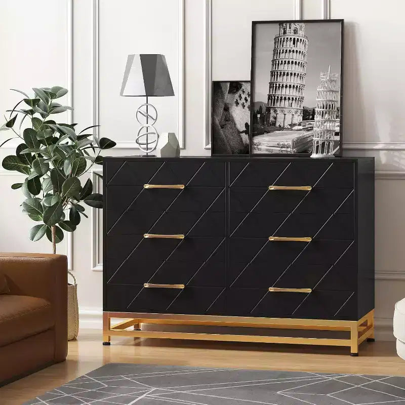 Commode 6 tiroirs pour chambre à coucher, commode double en bois avec poignées dorées, commode moderne avec tiroirs profonds pour salon, couloir